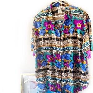 Vintage 1990s Blouse Leopard Floral Short Sleeve Top 20W